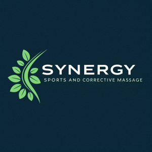 Design concept for Synergy Sports and Corrective Massage. Logo features a stylized green leaf motif symbolizing growth and balance. Brand name 'SYNERGY' in modern, sans-serif font. Predominantly green and dark navy colors.