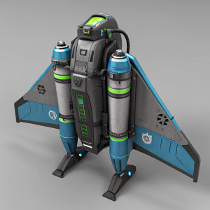 3D render of a futuristic jetpack with a sleek, aerodynamic design. The jetpack features a combination of gray and blue materials with green and black accents. It has an elongated body and angular wings or fins, giving it an animal-like appearance. The rendering focuses on the intricate design and high-quality materials.