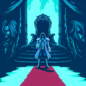 3D pixel art scene inspired by Castlevania: Symphony of the Night. Alucard, dressed in blue, stands on a red carpet path. Grand throne with dark and red details looms behind. Dark, ominous figure in background. Dark color palette with red accents