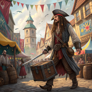 Captain Jack Sparrow lookalike, standing on a bustling medieval market square. Wielding a sword, clutching a wooden chest. Surrounded by vibrant festival-goers and stalls.