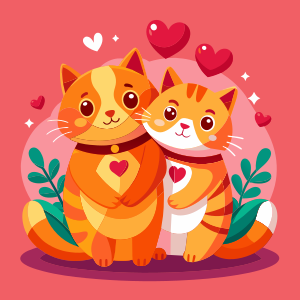 Two orange cats hug each other in a Valentine's Day trio.