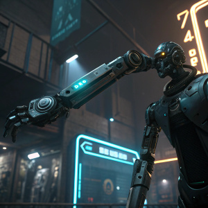 Screenshot from Deus Ex: Mankind Divided featuring a sleek robotic arm. Dark background with neon accents, displaying game interface and mechanics.