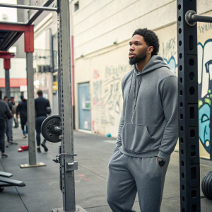 Jahlil Okafor, standing in a gym, wearing a grey hoodie and sweatpants. Outside on a street corner with graffiti walls and people walking by.