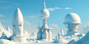 White illustration, Wes Anderson aesthetics style, 
collage of many complex metal steely architectures with lighthouse, the bigest ocean and huge blue sky, white, gain paper