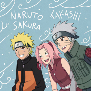 Naruto characters: Naruto, Sakura, and Kakashi pose in an informal, playful script background with multilingual text.