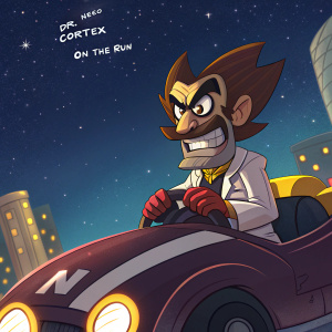 Dr. Neo Cortex from Crash Bandicoot: On the Run, a cartoon villain with a mustache and a stern expression, sitting atop his sleek vehicle emblazoned with an 'N'. Digital artwork set against a night sky