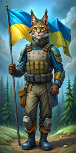 Carpathian lynx in modern body armor
holding a flag Ukraine