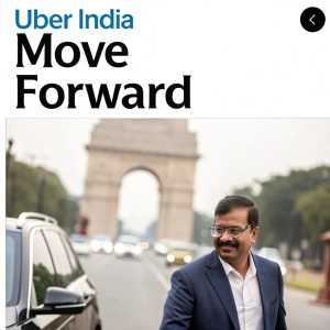 News article screenshot featuring Uber India's 'Move Forward' campaign. Prominent headline and byline. Social media icons at bottom