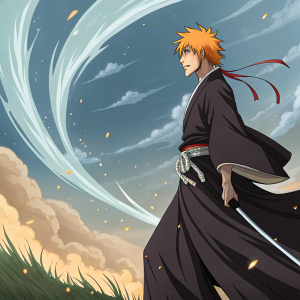 Ichigo Kurosaki from Bleach anime. Stands in an action pose with his trademark orange hair and substitute Shinigami robes. Rendered with vibrant colors and dynamic background.