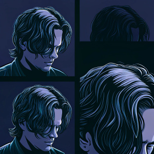Leonardo DiCaprio's iconic hairstyle from Titanic. Multiple high-resolution images showcasing different angles and close-ups of the layered, medium brown hairstyle with side parting.