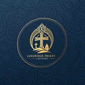 Luxurious Friary Liqueurs logo featuring a gold emblem encased in a circular border. The emblem is elegantly centered on a deep navy background with intricate texture. The brand name 'Friary Liqueurs' is inscribed in a sleek, contemporary font below the emblem.