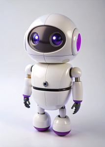 Imagina un robot 3D pequeño y moderno, con un diseño minimalista y limpio. Este robot tiene formas suaves y elegantes, con líneas nítidas y definidas. Su cuerpo principal es de color blanco, con detalles en un tono púrpura vibrante (#6F2C91) que resaltan sutilmente. El robot está administrando un servidor, con una notebook y cables de red.
