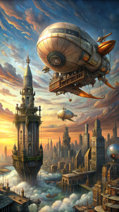 Steampunk, airships and an airplane flying over the city