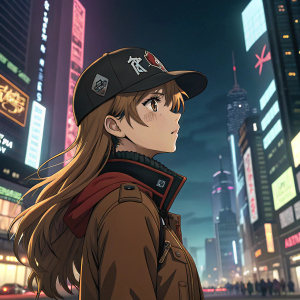 Asuka, the determined anime protagonist, in a futuristic cityscape. Wearing a black cap with symbols and a brown jacket with a high collar. Long, wavy light brown hair flows behind her. A vibrant, neon-lit background