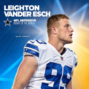 Leighton Vander Esch, Dallas Cowboys linebacker, celebrated on a vibrant promotional poster. Wearing his game jersey, he exudes focus and strength. The poster, set against a bright, gradient background, highlights his achievement as NFL Defensive Rookie of the Month.