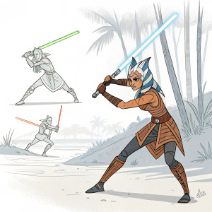 Concept art of Ahsoka Tano in various dynamic poses and environments, depicted in a minimalist sketch style.