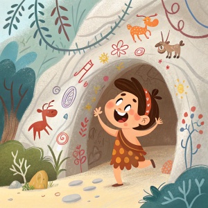 Illustration of a playful Neanderthal figure. Inside a cozy cave, surrounded by vibrant prehistoric cave paintings.