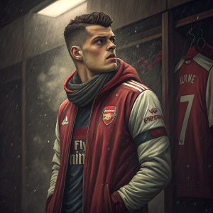 Granit Xhaka, soccer player, standing in locker room. He wears Arsenal team gear. Dark and gritty background, highlighting his intense gaze.