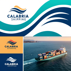 A digital design concept showcasing various iterations of Calabria Shipping's brand identity, featuring a cohesive color palette and wavy graphic elements.