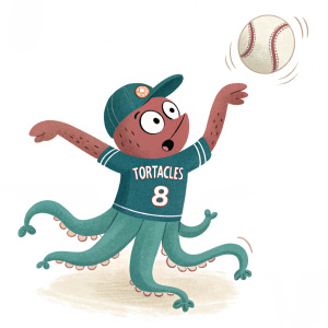 A cartoon octopus with arms outstretched, catching a baseball mid-air. Wearing a 'Tortacles' T-shirt and jersey number 8. White background