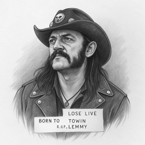 Sketch of Lemmy Kilmister from Motörhead, central focus. Black and white illustration with detailed face. Quote 'Born to lose, live to win R.I.P. Lemmy' below, plain background