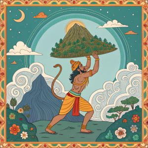 A mythical depiction of Hanuman, half monkey-half human, lifting a mountain. Richly detailed, vibrant colors, traditional Indian art style