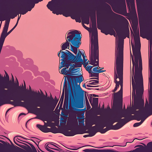 Katara, the waterbender from Avatar: The Last Airbender, standing in a serene forest. Dressed in a traditional blue water tribe outfit. Focused expression, water swirling around her hands.