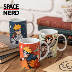 A collection of mugs showcasing Naruto characters. The mugs feature vibrant designs with Naruto characters in action poses. Space Nerd logo displayed prominently at the top. The mugs are arranged on a rustic wooden table, with a stack of manga books and a paper backdrop in the background.