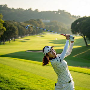 Shin-Ae Ahn, South Korean golfer, intense focus on her golf swing. Brightly lit, green fairway background, wide-angle shot