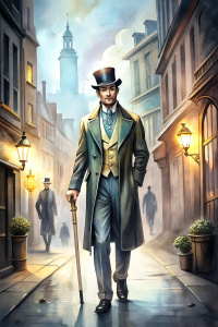 Sherlock Holmes in his deerstalker hat, with a cane, walking speedily through a street of Victorian London