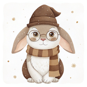 bunny with glasses, scarf and hat, in Harry Potter style

