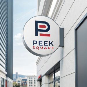 The logo for PEEK Square. Sleek, modern design with a stylized 'P' in navy and red. Emphasizes user innovation with a clean, straightforward focus on the letter 'P'.