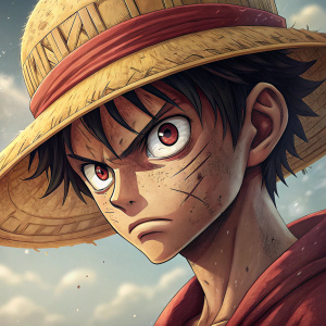 Monkey D. Luffy, main character from One Piece, intense stare, close-up shot of his iconic facial markings and straw hat.