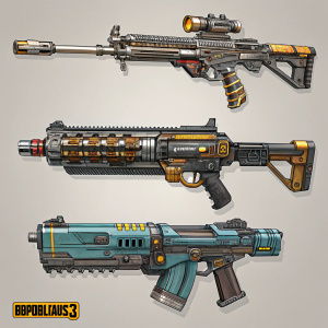 An array of high-tech weaponry from the game Borderlands 3. Vladof Heavy series guns with intricate mechanical details and metallic components.
