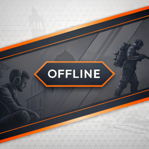 Modern Twitch offline banner, predominantly gray with a sleek, orange border. Bold 'offline' text in the center, minimalist design