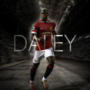 Paul Pogba, dynamic pose, in a red Manchester United jersey, white shorts. Stylized, abstract background with 'Daley' text