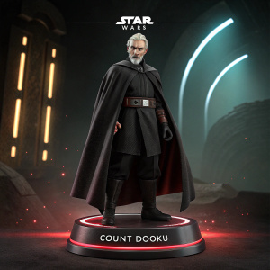 Count Dooku Star Wars figurine. Black cape, belts, and intense expression. Dark background with glowing arches. Star Wars logo on the base.