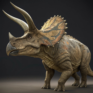 Digital 3D render of a Triceratops, focusing on the detailed, textured surface and the long, curved horn. Render highlights the intricate details of the dinosaur's skin.