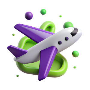 3D icon, flying airplane. confetti white, lime and purple. The airplane has a smooth white reflective surface with a lime tape. Monochrome, minimalism, simple details