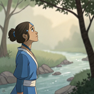 Katara from Avatar: The Last Airbender, wearing blue attire, standing pensively by a serene forest stream. Background is soft, blurred forest landscape.