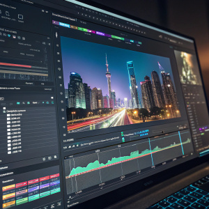 A detailed screenshot showcasing Adobe After Effects. Cityscape animation in progress with editing tools visible