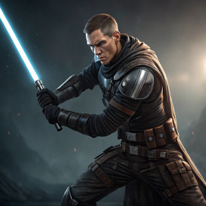 Galen Marek, aka Starkiller, intense pose in futuristic combat gear. Dark, moody background with spotlight effect.