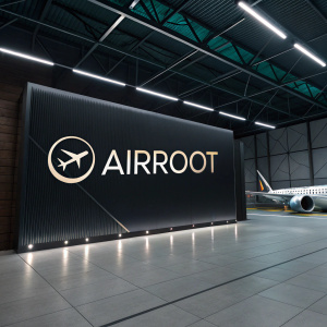 Promotional image for Airroot airline. Logo displayed on sleek black background. Modern, minimalist design.