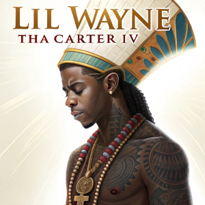 Lil Wayne's 'Tha Carter IV' deluxe album cover featuring a young man with detailed tattoos, wearing a ceremonial headdress and an ornate necklace. The background is a bright, glowing white.