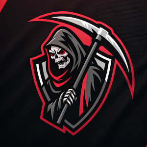 Nightmares Esports, logo design features a sinister figure resembling a grim reaper from a horror game. Black and red colors dominate the sleek, modern design with sharp lines and edges. Uniform style across all branding elements.