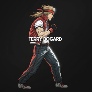 Terry Bogard from Fatal Fury. Stylized artwork. Solid black background with glowing white text.