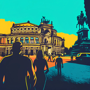A bustling street scene in Dresden, Germany, featuring the Semperoper Opera House. The large, ornate building with numerous windows and a prominent statue stands out. People stroll past the historic structure on a bright sunny day.