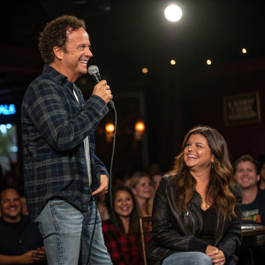 Pauly Shore and Tiffani-Amber Thiessen, dressed in casual attire, at a comedy club. Audience visible in the background.