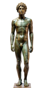 A bronze statue of a cute slender tanned shirtless high school guy with wavy hear