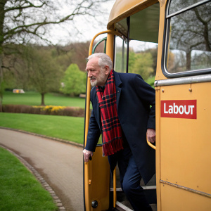 Jeremy Corbyn stepping off a vintage yellow bus. Dark jacket and scarf. Green park background, Labour Party logo visible